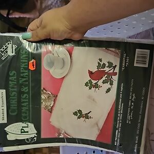 Hobby Kraft Shaded Transfers Cardinal Christmas Placemats and Napkins Iron On